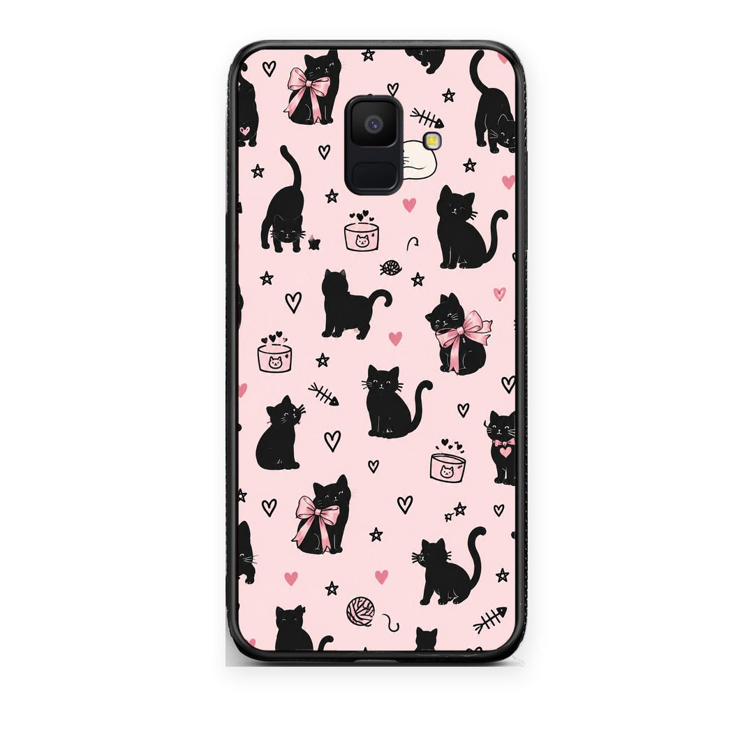 Θήκη Samsung Galaxy A6 2018 Black Cat Doodles on Pink από τη Smartfits με σχέδιο στο πίσω μέρος και μαύρο περίβλημα | Samsung Galaxy A6 2018 Black Cat Doodles on Pink case with colorful back and black bezels