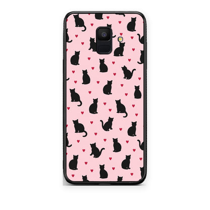 Θήκη Samsung Galaxy A6 2018 Black Cat Silhouettes and Hearts on Pink από τη Smartfits με σχέδιο στο πίσω μέρος και μαύρο περίβλημα | Samsung Galaxy A6 2018 Black Cat Silhouettes and Hearts on Pink case with colorful back and black bezels