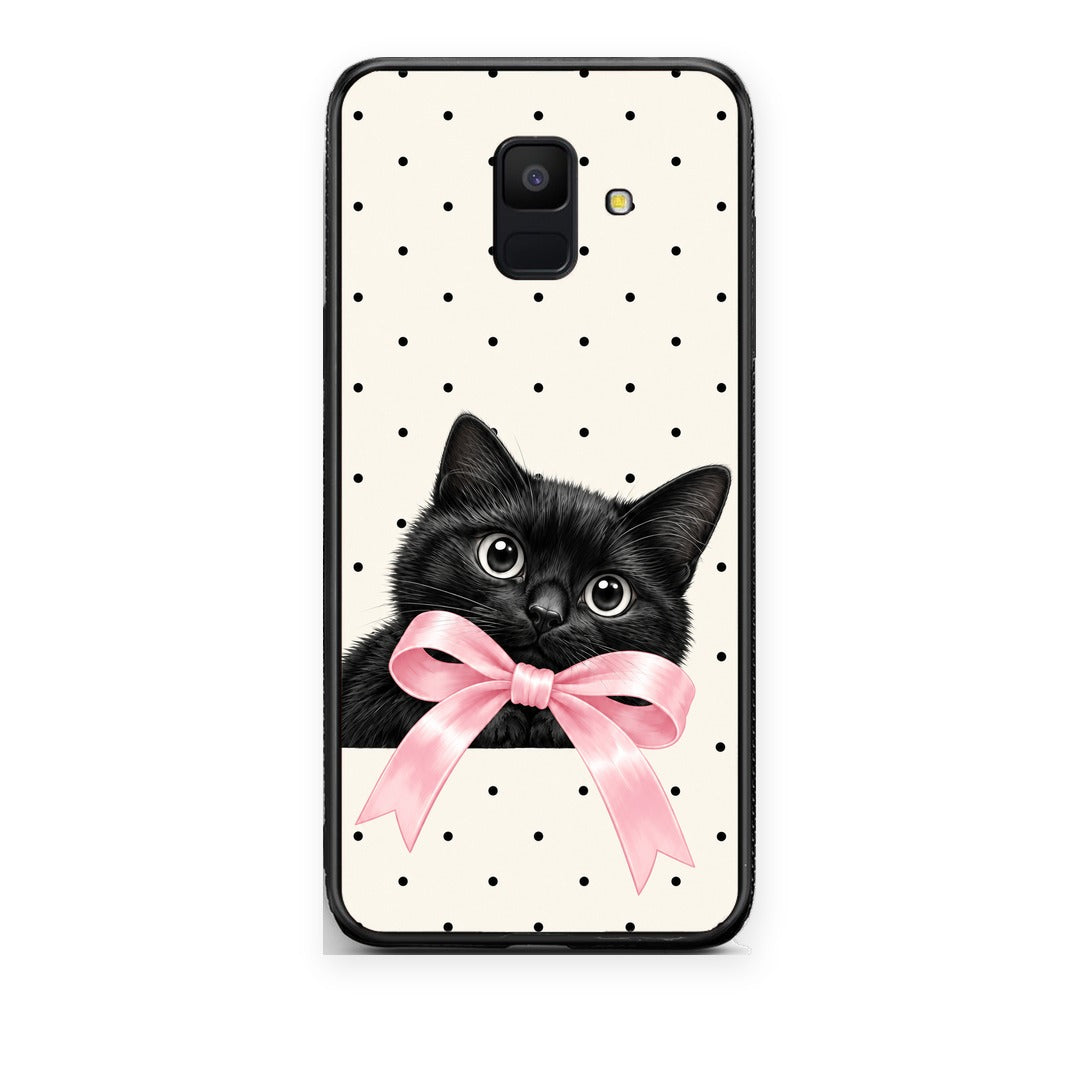 Θήκη Samsung Galaxy A6 2018 Black Kitten Pink Bow and Polka Dots από τη Smartfits με σχέδιο στο πίσω μέρος και μαύρο περίβλημα | Samsung Galaxy A6 2018 Black Kitten Pink Bow and Polka Dots case with colorful back and black bezels