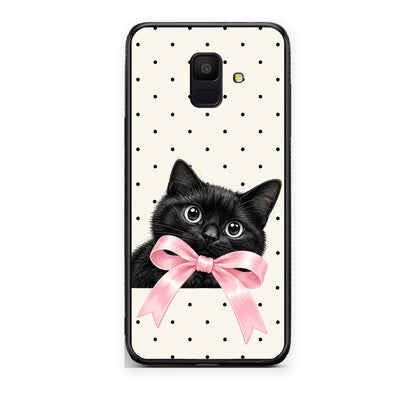Θήκη Samsung Galaxy A6 2018 Black Kitten Pink Bow and Polka Dots από τη Smartfits με σχέδιο στο πίσω μέρος και μαύρο περίβλημα | Samsung Galaxy A6 2018 Black Kitten Pink Bow and Polka Dots case with colorful back and black bezels