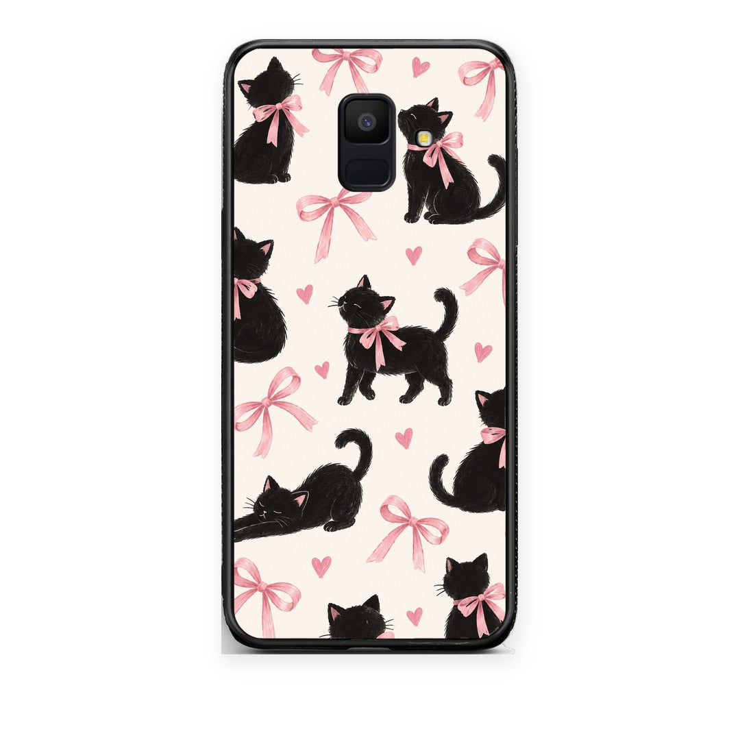 Θήκη Samsung Galaxy A6 2018 Black Kittens and Pink Bows on Cream Large από τη Smartfits με σχέδιο στο πίσω μέρος και μαύρο περίβλημα | Samsung Galaxy A6 2018 Black Kittens and Pink Bows on Cream Large case with colorful back and black bezels