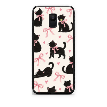 Θήκη Samsung Galaxy A6 2018 Black Kittens and Pink Bows on Cream Large από τη Smartfits με σχέδιο στο πίσω μέρος και μαύρο περίβλημα | Samsung Galaxy A6 2018 Black Kittens and Pink Bows on Cream Large case with colorful back and black bezels