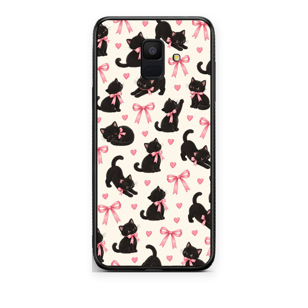 Θήκη Samsung Galaxy A6 2018 Black Kittens and Pink Bows on Cream Small από τη Smartfits με σχέδιο στο πίσω μέρος και μαύρο περίβλημα | Samsung Galaxy A6 2018 Black Kittens and Pink Bows on Cream Small case with colorful back and black bezels