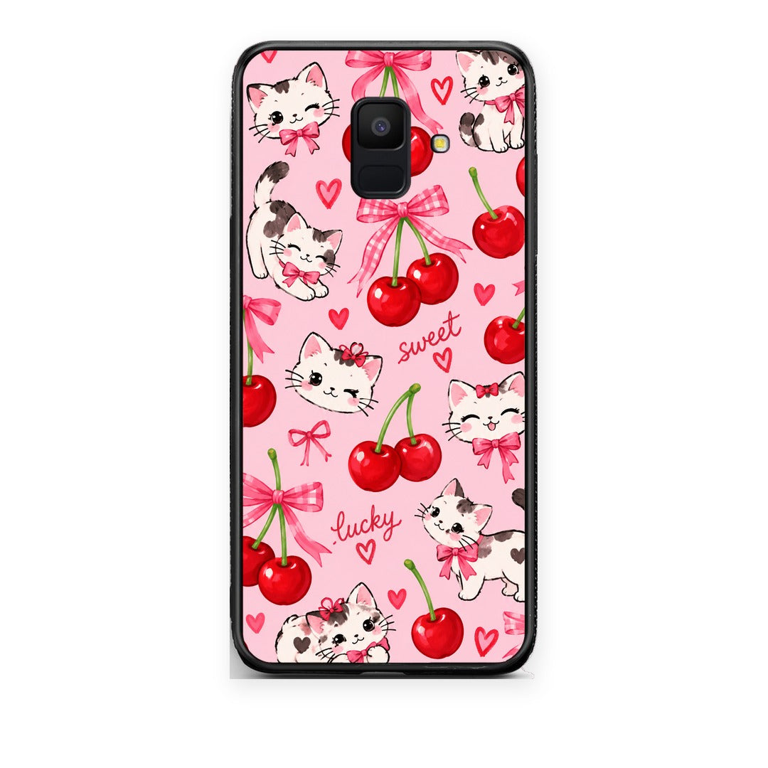 Θήκη Samsung Galaxy A6 2018 Cherries Bows and Kittens on Pink από τη Smartfits με σχέδιο στο πίσω μέρος και μαύρο περίβλημα | Samsung Galaxy A6 2018 Cherries Bows and Kittens on Pink case with colorful back and black bezels