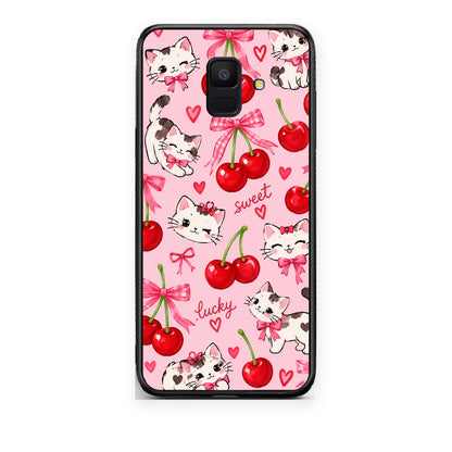 Θήκη Samsung Galaxy A6 2018 Cherries Bows and Kittens on Pink από τη Smartfits με σχέδιο στο πίσω μέρος και μαύρο περίβλημα | Samsung Galaxy A6 2018 Cherries Bows and Kittens on Pink case with colorful back and black bezels