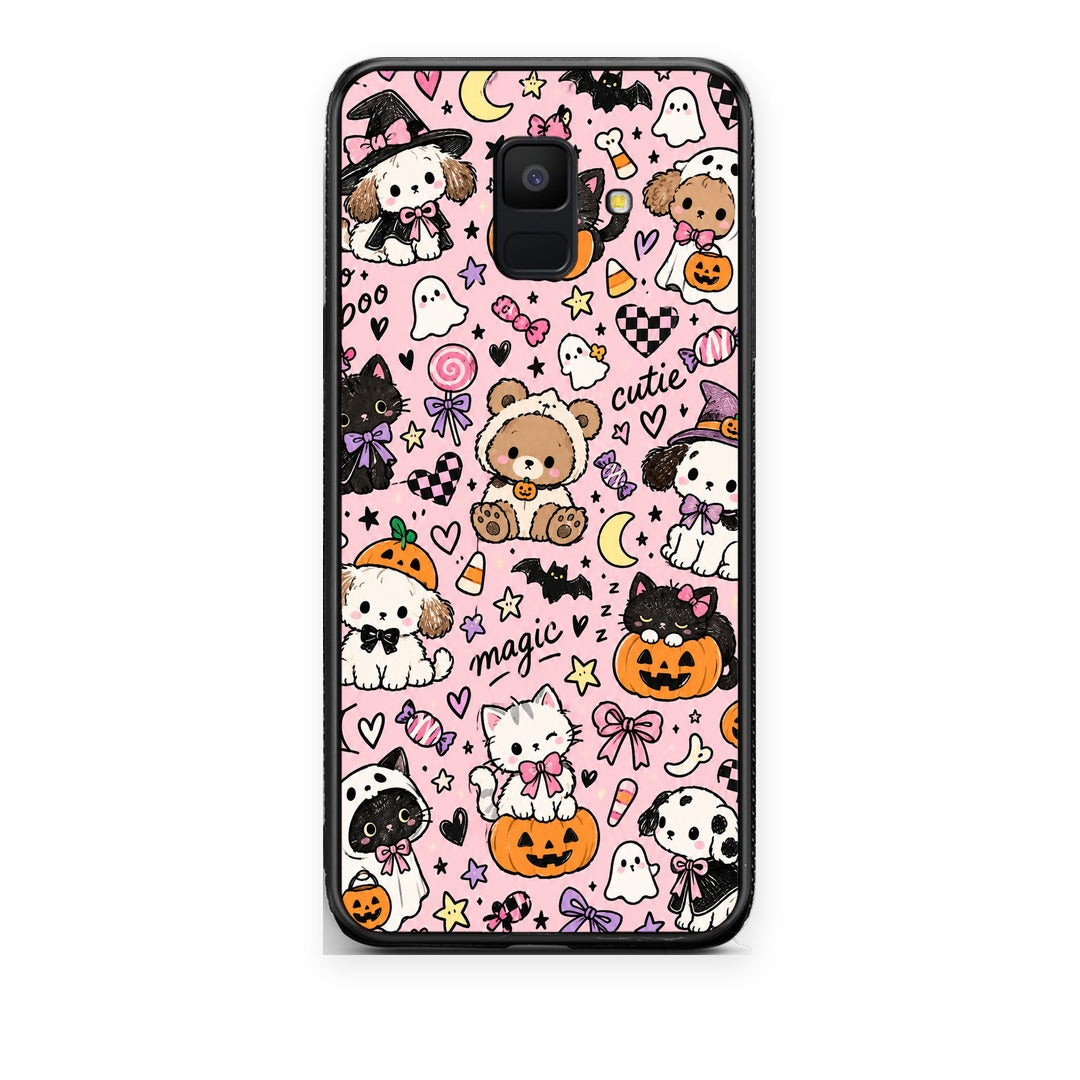 Θήκη Samsung Galaxy A6 2018 Halloween Cute Animals on Pink από τη Smartfits με σχέδιο στο πίσω μέρος και μαύρο περίβλημα | Samsung Galaxy A6 2018 Halloween Cute Animals on Pink case with colorful back and black bezels