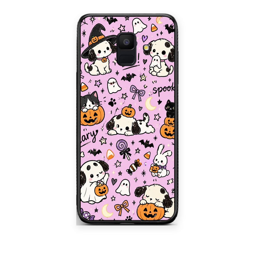 Θήκη Samsung Galaxy A6 2018 Halloween Puppies and Friends on Lilac από τη Smartfits με σχέδιο στο πίσω μέρος και μαύρο περίβλημα | Samsung Galaxy A6 2018 Halloween Puppies and Friends on Lilac case with colorful back and black bezels