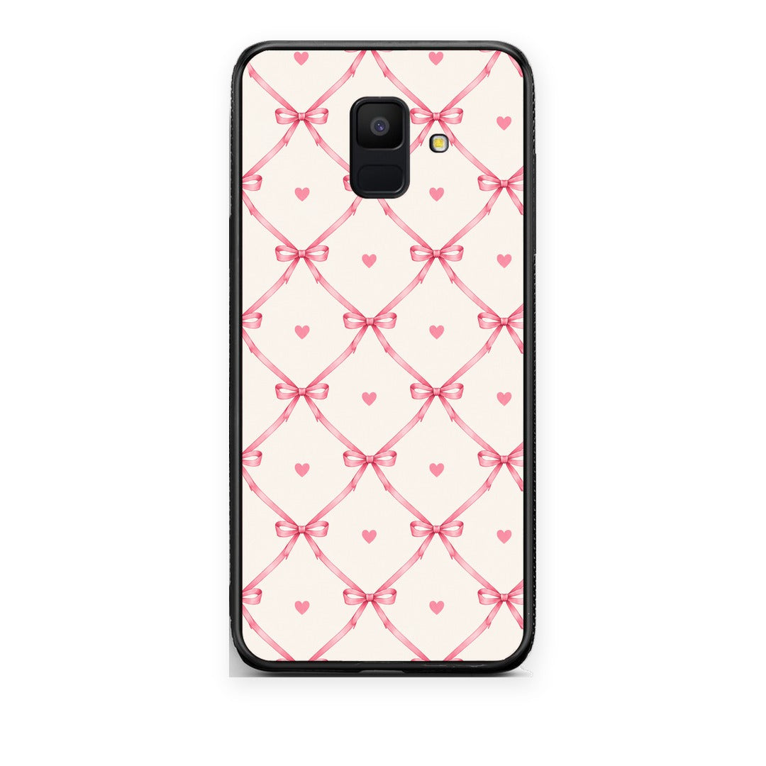Θήκη Samsung Galaxy A6 2018 Pink Bow Lattice and Hearts on Cream από τη Smartfits με σχέδιο στο πίσω μέρος και μαύρο περίβλημα | Samsung Galaxy A6 2018 Pink Bow Lattice and Hearts on Cream case with colorful back and black bezels