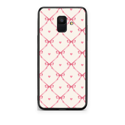Θήκη Samsung Galaxy A6 2018 Pink Bow Lattice and Hearts on Cream από τη Smartfits με σχέδιο στο πίσω μέρος και μαύρο περίβλημα | Samsung Galaxy A6 2018 Pink Bow Lattice and Hearts on Cream case with colorful back and black bezels