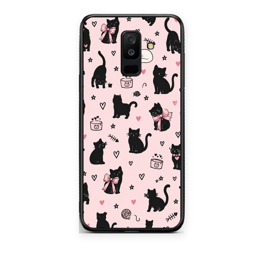Θήκη Samsung Galaxy A6+ 2018 Black Cat Doodles on Pink από τη Smartfits με σχέδιο στο πίσω μέρος και μαύρο περίβλημα | Samsung Galaxy A6+ 2018 Black Cat Doodles on Pink case with colorful back and black bezels