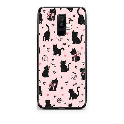 Θήκη Samsung Galaxy A6+ 2018 Black Cat Doodles on Pink από τη Smartfits με σχέδιο στο πίσω μέρος και μαύρο περίβλημα | Samsung Galaxy A6+ 2018 Black Cat Doodles on Pink case with colorful back and black bezels