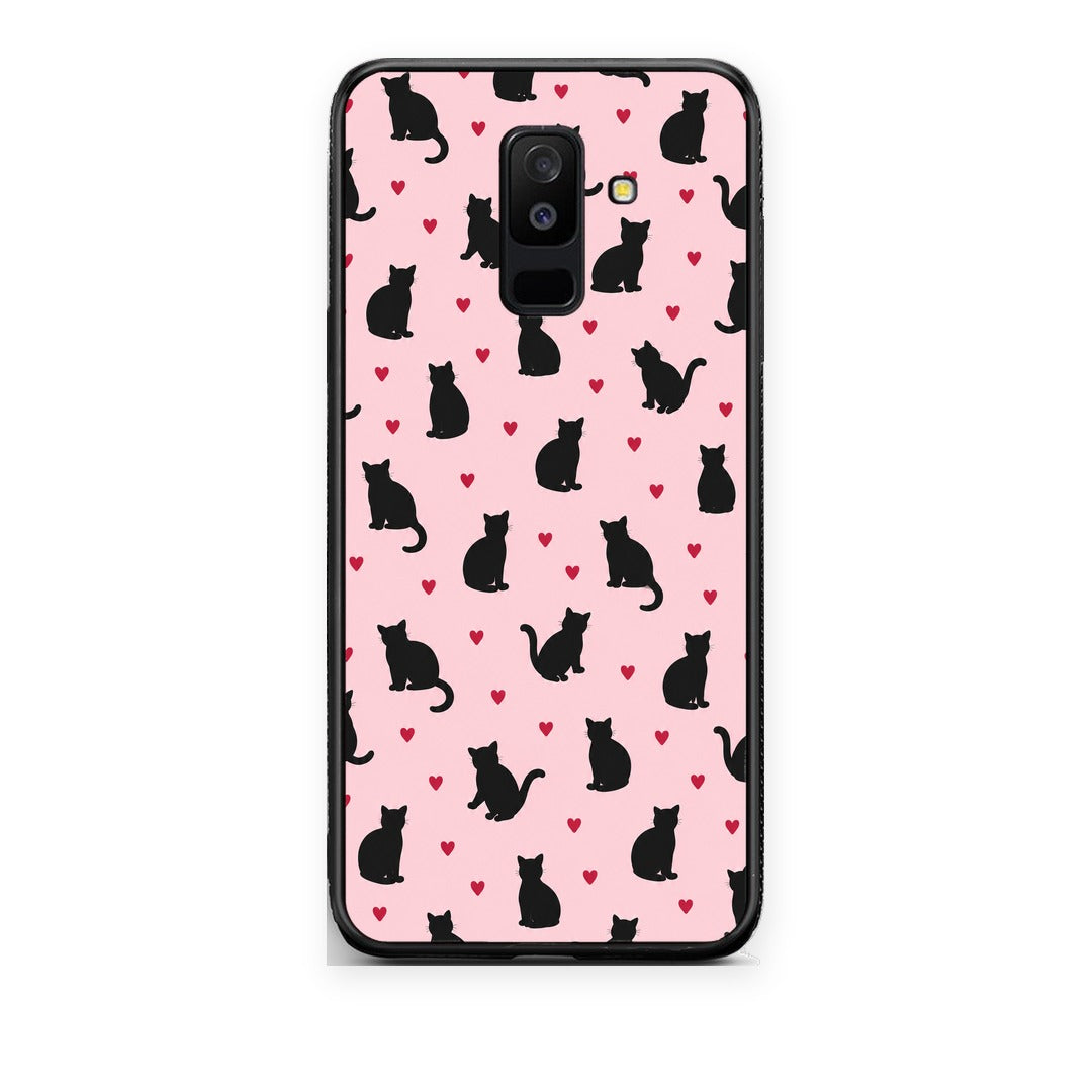 Θήκη Samsung Galaxy A6+ 2018 Black Cat Silhouettes and Hearts on Pink από τη Smartfits με σχέδιο στο πίσω μέρος και μαύρο περίβλημα | Samsung Galaxy A6+ 2018 Black Cat Silhouettes and Hearts on Pink case with colorful back and black bezels