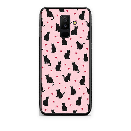 Θήκη Samsung Galaxy A6+ 2018 Black Cat Silhouettes and Hearts on Pink από τη Smartfits με σχέδιο στο πίσω μέρος και μαύρο περίβλημα | Samsung Galaxy A6+ 2018 Black Cat Silhouettes and Hearts on Pink case with colorful back and black bezels