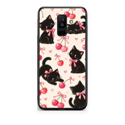 Θήκη Samsung Galaxy A6+ 2018 Black Kittens and Cherries on Cream από τη Smartfits με σχέδιο στο πίσω μέρος και μαύρο περίβλημα | Samsung Galaxy A6+ 2018 Black Kittens and Cherries on Cream case with colorful back and black bezels