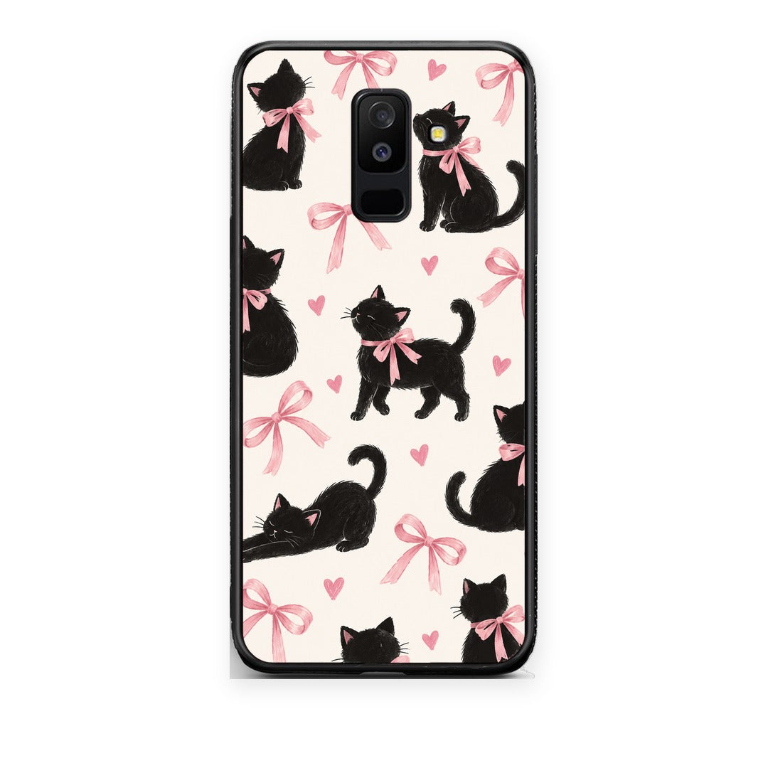 Θήκη Samsung Galaxy A6+ 2018 Black Kittens and Pink Bows on Cream Large από τη Smartfits με σχέδιο στο πίσω μέρος και μαύρο περίβλημα | Samsung Galaxy A6+ 2018 Black Kittens and Pink Bows on Cream Large case with colorful back and black bezels