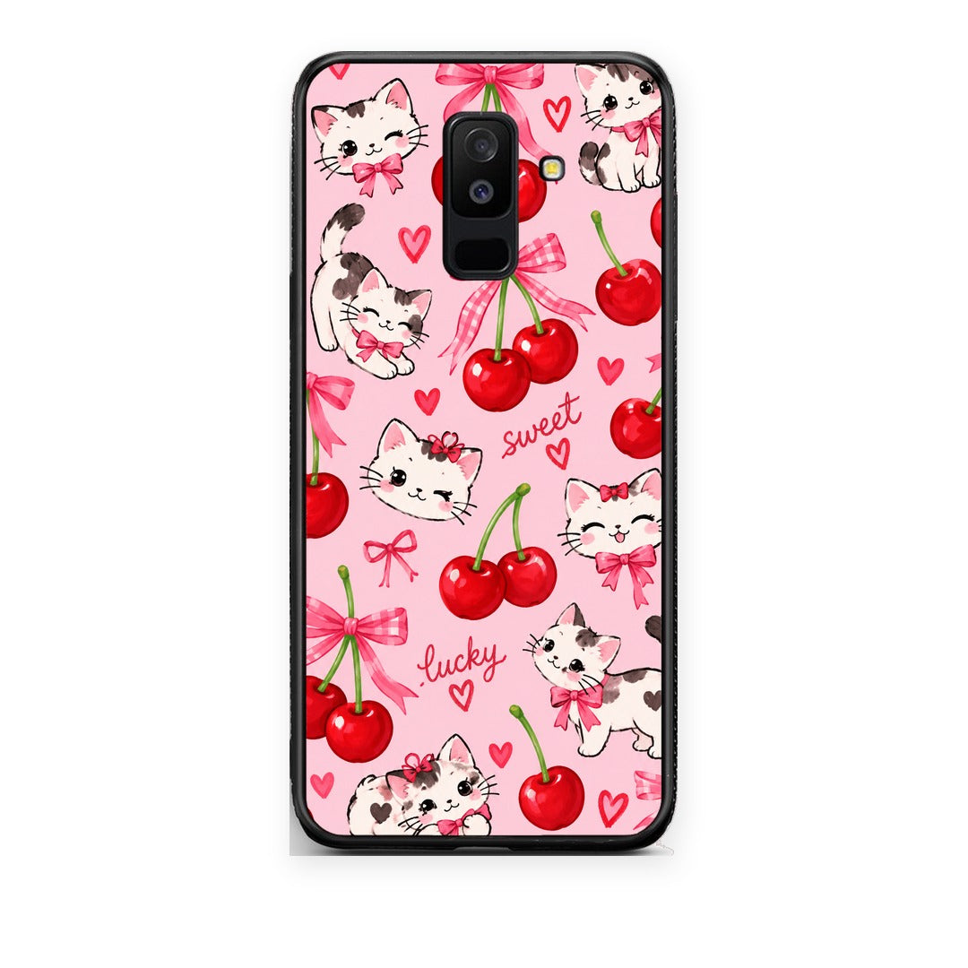 Θήκη Samsung Galaxy A6+ 2018 Cherries Bows and Kittens on Pink από τη Smartfits με σχέδιο στο πίσω μέρος και μαύρο περίβλημα | Samsung Galaxy A6+ 2018 Cherries Bows and Kittens on Pink case with colorful back and black bezels