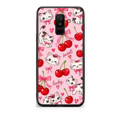 Θήκη Samsung Galaxy A6+ 2018 Cherries Bows and Kittens on Pink από τη Smartfits με σχέδιο στο πίσω μέρος και μαύρο περίβλημα | Samsung Galaxy A6+ 2018 Cherries Bows and Kittens on Pink case with colorful back and black bezels