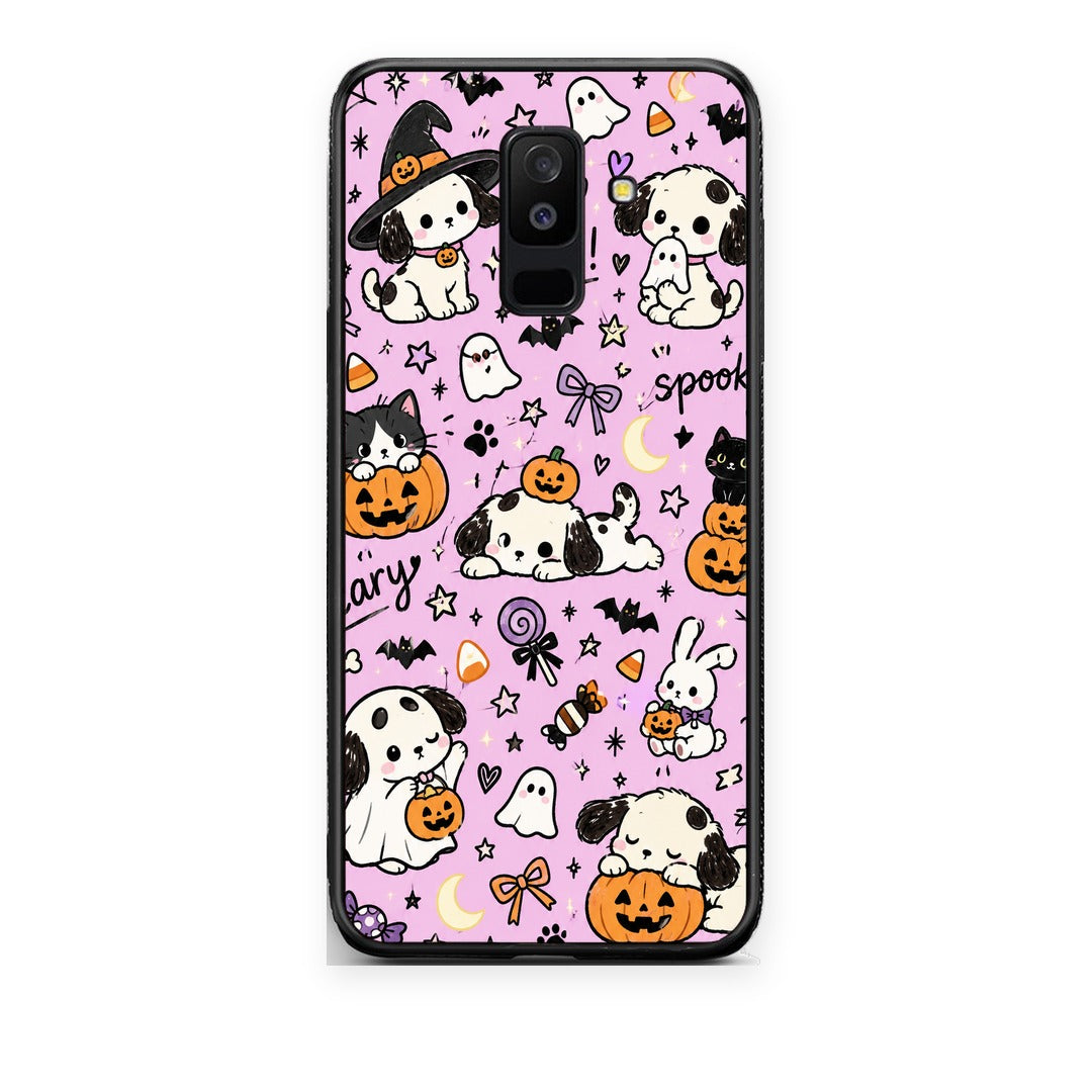 Θήκη Samsung Galaxy A6+ 2018 Halloween Puppies and Friends on Lilac από τη Smartfits με σχέδιο στο πίσω μέρος και μαύρο περίβλημα | Samsung Galaxy A6+ 2018 Halloween Puppies and Friends on Lilac case with colorful back and black bezels