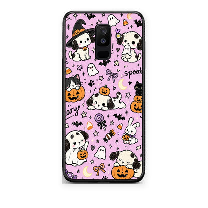 Θήκη Samsung Galaxy A6+ 2018 Halloween Puppies and Friends on Lilac από τη Smartfits με σχέδιο στο πίσω μέρος και μαύρο περίβλημα | Samsung Galaxy A6+ 2018 Halloween Puppies and Friends on Lilac case with colorful back and black bezels