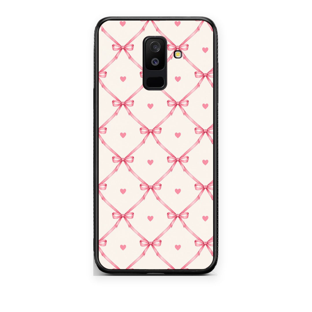 Θήκη Samsung Galaxy A6+ 2018 Pink Bow Lattice and Hearts on Cream από τη Smartfits με σχέδιο στο πίσω μέρος και μαύρο περίβλημα | Samsung Galaxy A6+ 2018 Pink Bow Lattice and Hearts on Cream case with colorful back and black bezels