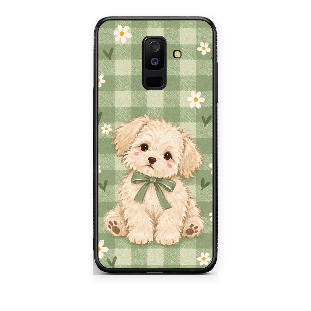 Θήκη Samsung Galaxy A6+ 2018 Puppy and Daisies on Sage Gingham από τη Smartfits με σχέδιο στο πίσω μέρος και μαύρο περίβλημα | Samsung Galaxy A6+ 2018 Puppy and Daisies on Sage Gingham case with colorful back and black bezels