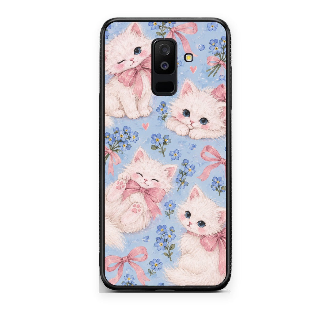 Θήκη Samsung Galaxy A6+ 2018 White Kittens and Blue Flowers Large από τη Smartfits με σχέδιο στο πίσω μέρος και μαύρο περίβλημα | Samsung Galaxy A6+ 2018 White Kittens and Blue Flowers Large case with colorful back and black bezels