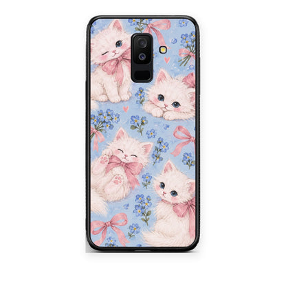 Θήκη Samsung Galaxy A6+ 2018 White Kittens and Blue Flowers Large από τη Smartfits με σχέδιο στο πίσω μέρος και μαύρο περίβλημα | Samsung Galaxy A6+ 2018 White Kittens and Blue Flowers Large case with colorful back and black bezels