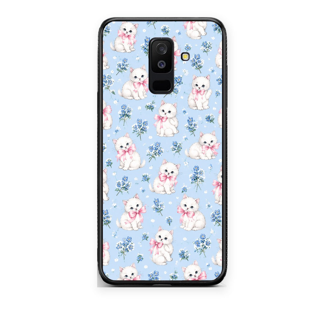 Θήκη Samsung Galaxy A6+ 2018 White Kittens and Blue Flowers Small από τη Smartfits με σχέδιο στο πίσω μέρος και μαύρο περίβλημα | Samsung Galaxy A6+ 2018 White Kittens and Blue Flowers Small case with colorful back and black bezels