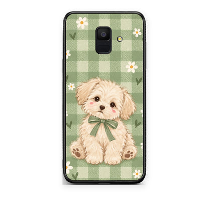 Θήκη Samsung Galaxy A6 2018 Puppy and Daisies on Sage Gingham από τη Smartfits με σχέδιο στο πίσω μέρος και μαύρο περίβλημα | Samsung Galaxy A6 2018 Puppy and Daisies on Sage Gingham case with colorful back and black bezels