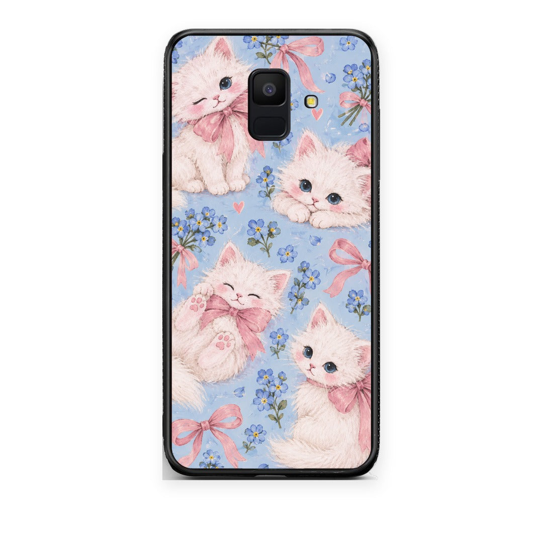 Θήκη Samsung Galaxy A6 2018 White Kittens and Blue Flowers Large από τη Smartfits με σχέδιο στο πίσω μέρος και μαύρο περίβλημα | Samsung Galaxy A6 2018 White Kittens and Blue Flowers Large case with colorful back and black bezels