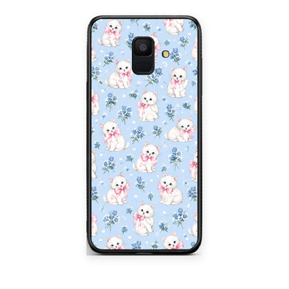 Θήκη Samsung Galaxy A6 2018 White Kittens and Blue Flowers Small από τη Smartfits με σχέδιο στο πίσω μέρος και μαύρο περίβλημα | Samsung Galaxy A6 2018 White Kittens and Blue Flowers Small case with colorful back and black bezels