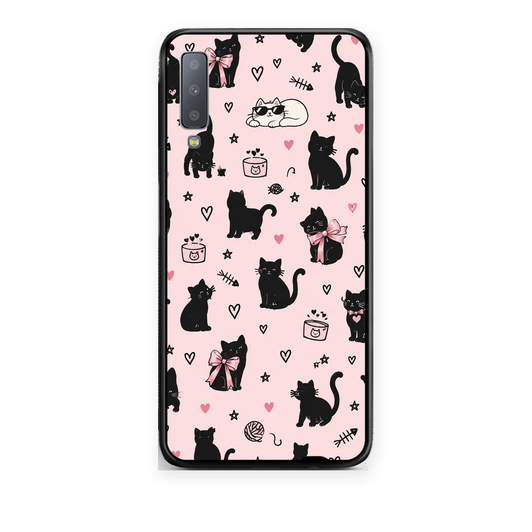 Θήκη Samsung Galaxy A7 2018 Black Cat Doodles on Pink από τη Smartfits με σχέδιο στο πίσω μέρος και μαύρο περίβλημα | Samsung Galaxy A7 2018 Black Cat Doodles on Pink case with colorful back and black bezels