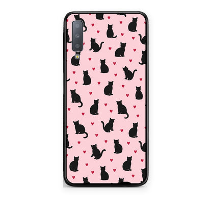 Θήκη Samsung Galaxy A7 2018 Black Cat Silhouettes and Hearts on Pink από τη Smartfits με σχέδιο στο πίσω μέρος και μαύρο περίβλημα | Samsung Galaxy A7 2018 Black Cat Silhouettes and Hearts on Pink case with colorful back and black bezels