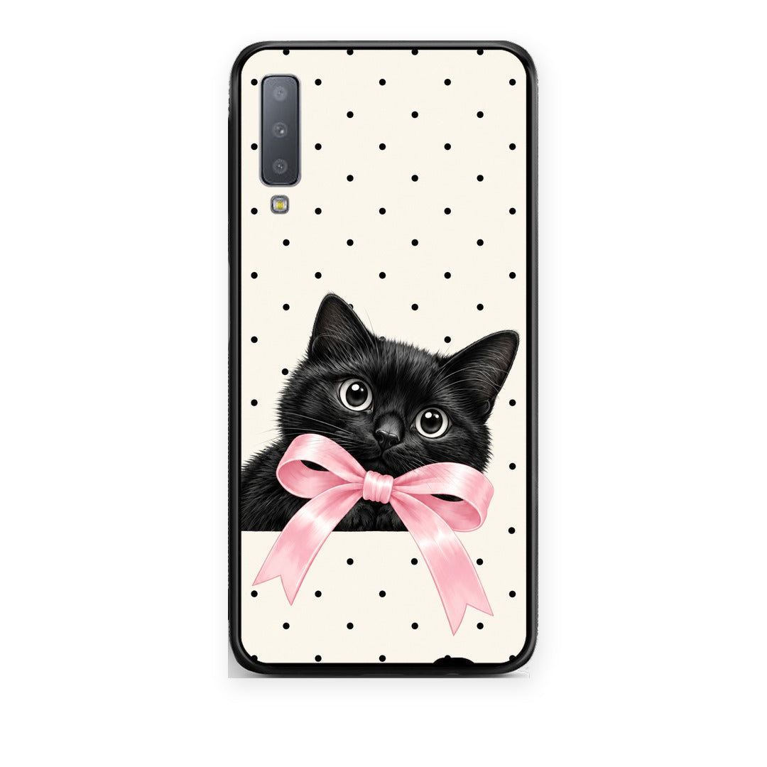 Θήκη Samsung Galaxy A7 2018 Black Kitten Pink Bow and Polka Dots από τη Smartfits με σχέδιο στο πίσω μέρος και μαύρο περίβλημα | Samsung Galaxy A7 2018 Black Kitten Pink Bow and Polka Dots case with colorful back and black bezels