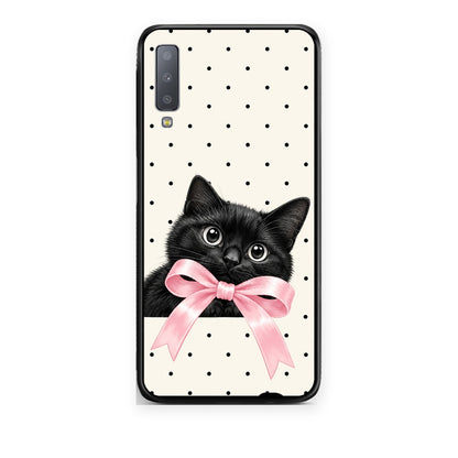 Θήκη Samsung Galaxy A7 2018 Black Kitten Pink Bow and Polka Dots από τη Smartfits με σχέδιο στο πίσω μέρος και μαύρο περίβλημα | Samsung Galaxy A7 2018 Black Kitten Pink Bow and Polka Dots case with colorful back and black bezels
