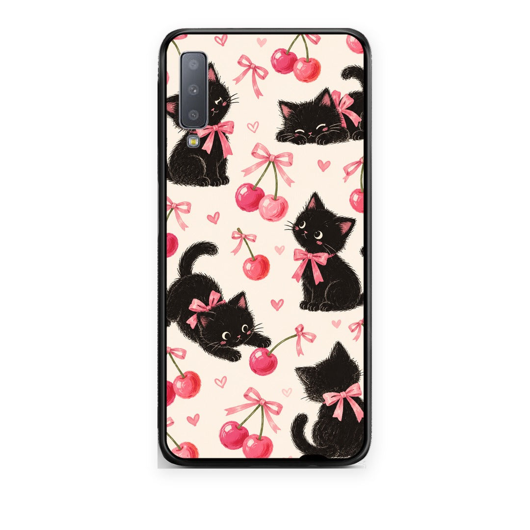 Θήκη Samsung Galaxy A7 2018 Black Kittens and Cherries on Cream από τη Smartfits με σχέδιο στο πίσω μέρος και μαύρο περίβλημα | Samsung Galaxy A7 2018 Black Kittens and Cherries on Cream case with colorful back and black bezels