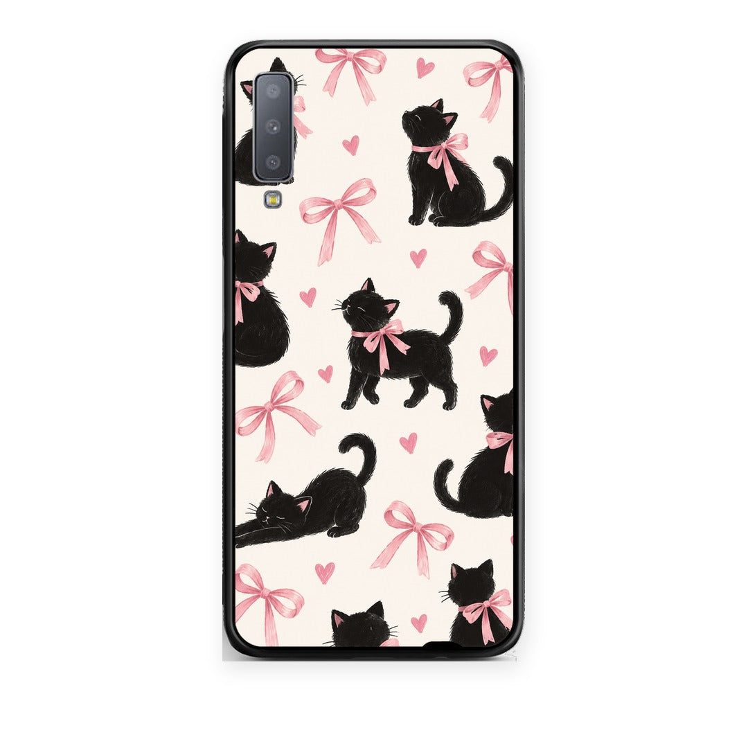 Θήκη Samsung Galaxy A7 2018 Black Kittens and Pink Bows on Cream Large από τη Smartfits με σχέδιο στο πίσω μέρος και μαύρο περίβλημα | Samsung Galaxy A7 2018 Black Kittens and Pink Bows on Cream Large case with colorful back and black bezels