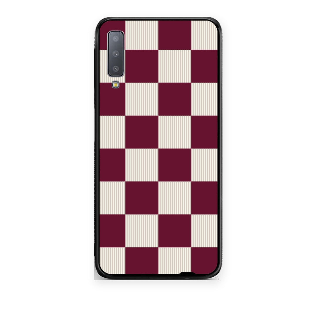 Θήκη Samsung Galaxy A7 2018 Burgundy and Cream Striped Checks από τη Smartfits με σχέδιο στο πίσω μέρος και μαύρο περίβλημα | Samsung Galaxy A7 2018 Burgundy and Cream Striped Checks case with colorful back and black bezels