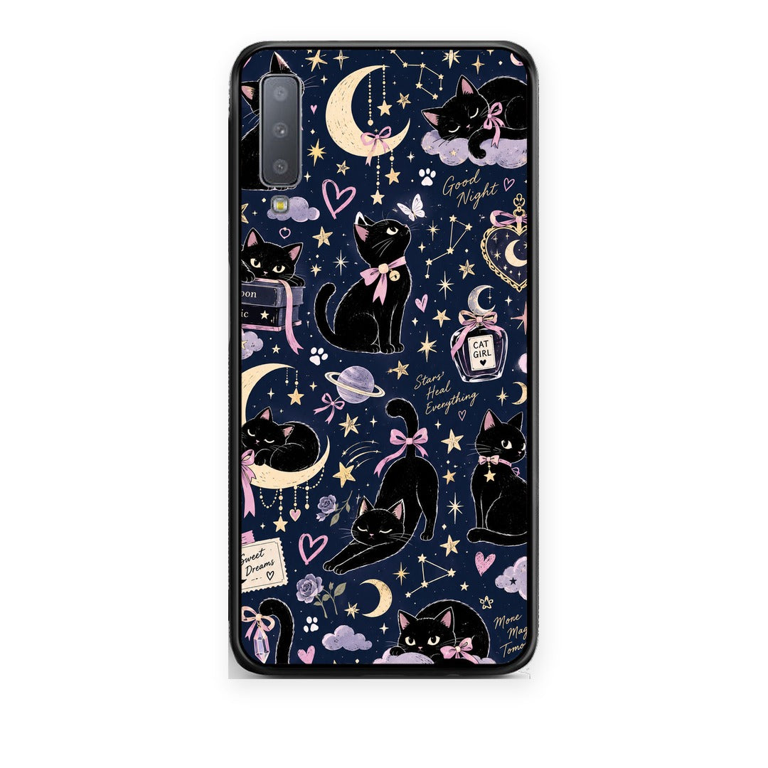 Θήκη Samsung Galaxy A7 2018 Celestial Black Cats on Navy από τη Smartfits με σχέδιο στο πίσω μέρος και μαύρο περίβλημα | Samsung Galaxy A7 2018 Celestial Black Cats on Navy case with colorful back and black bezels