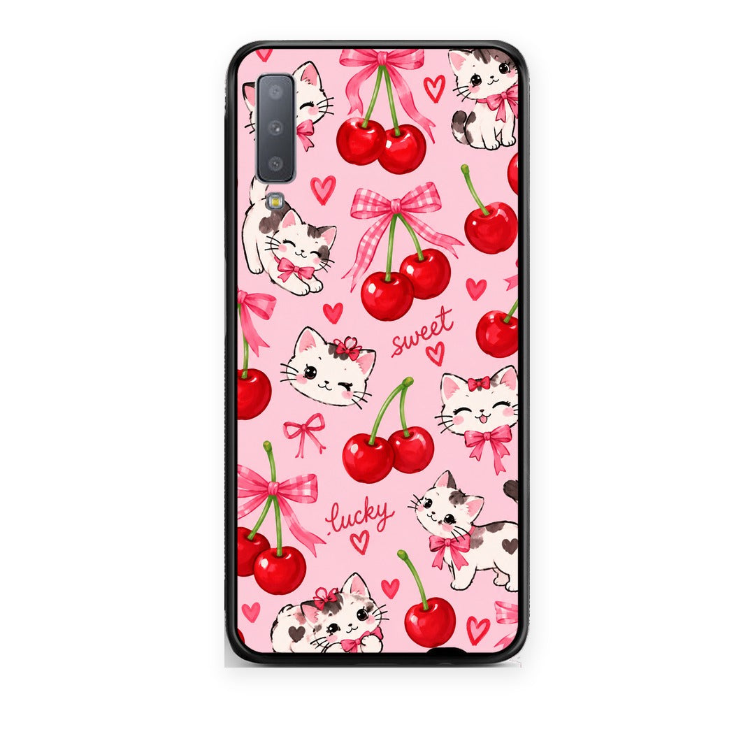Θήκη Samsung Galaxy A7 2018 Cherries Bows and Kittens on Pink από τη Smartfits με σχέδιο στο πίσω μέρος και μαύρο περίβλημα | Samsung Galaxy A7 2018 Cherries Bows and Kittens on Pink case with colorful back and black bezels
