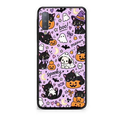 Θήκη Samsung Galaxy A7 2018 Halloween Black Cats on Lilac από τη Smartfits με σχέδιο στο πίσω μέρος και μαύρο περίβλημα | Samsung Galaxy A7 2018 Halloween Black Cats on Lilac case with colorful back and black bezels