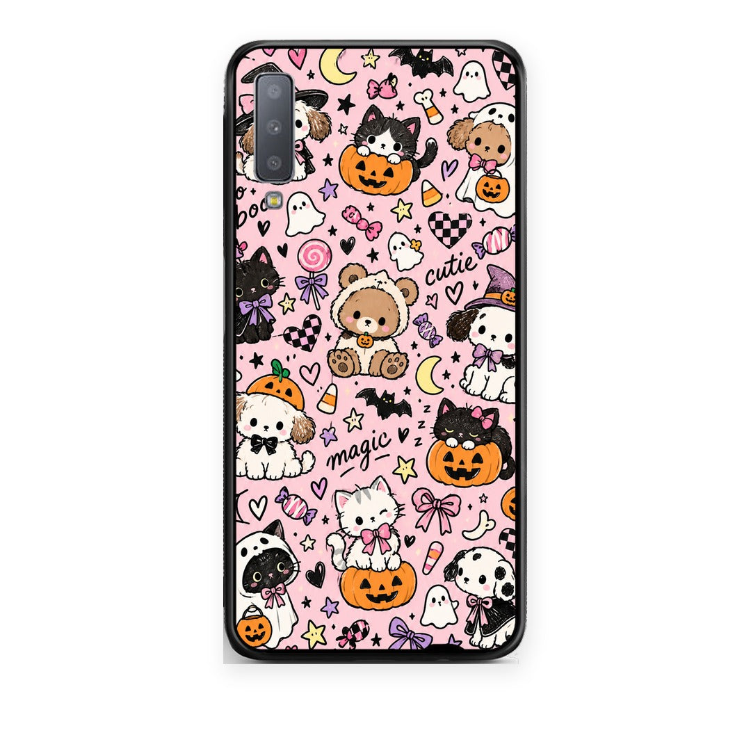 Θήκη Samsung Galaxy A7 2018 Halloween Cute Animals on Pink από τη Smartfits με σχέδιο στο πίσω μέρος και μαύρο περίβλημα | Samsung Galaxy A7 2018 Halloween Cute Animals on Pink case with colorful back and black bezels