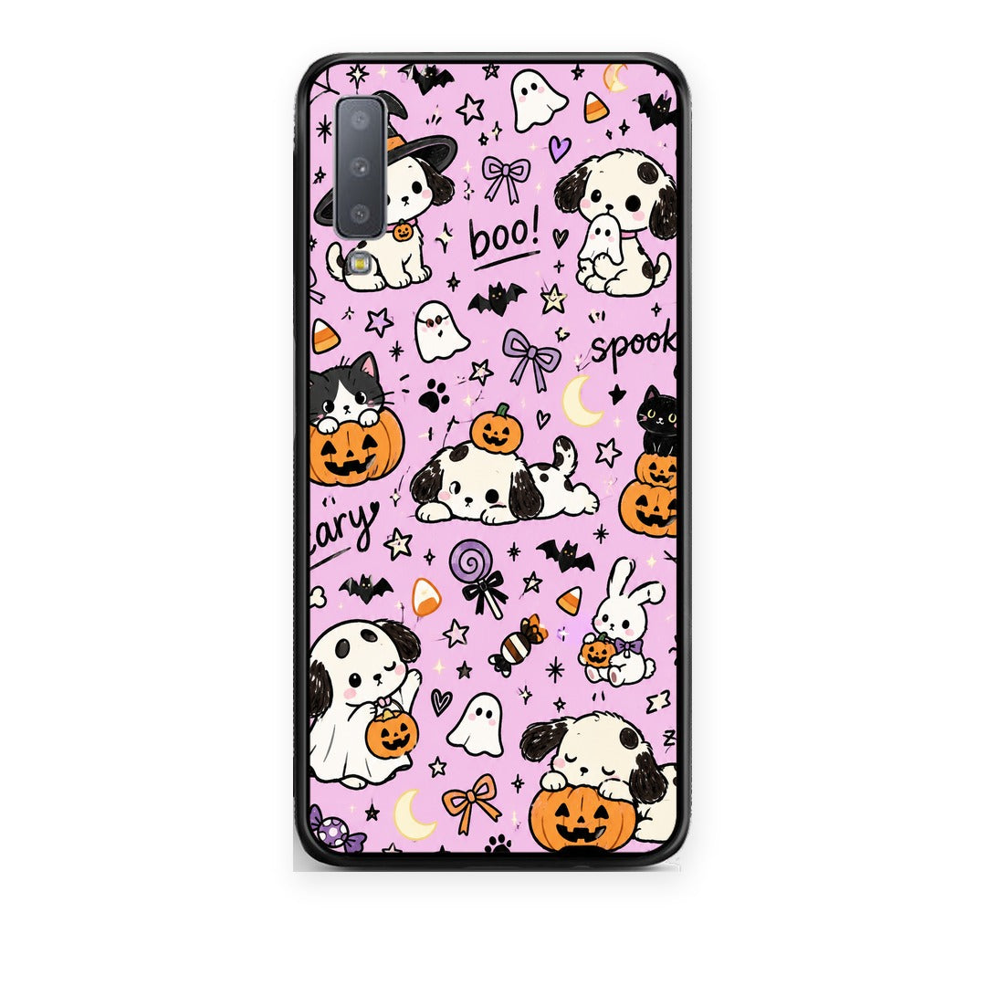 Θήκη Samsung Galaxy A7 2018 Halloween Puppies and Friends on Lilac από τη Smartfits με σχέδιο στο πίσω μέρος και μαύρο περίβλημα | Samsung Galaxy A7 2018 Halloween Puppies and Friends on Lilac case with colorful back and black bezels