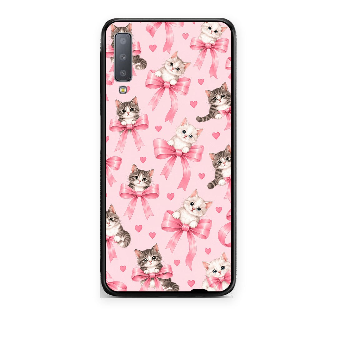 Θήκη Samsung Galaxy A7 2018 Kittens and Pink Bows on Pink από τη Smartfits με σχέδιο στο πίσω μέρος και μαύρο περίβλημα | Samsung Galaxy A7 2018 Kittens and Pink Bows on Pink case with colorful back and black bezels
