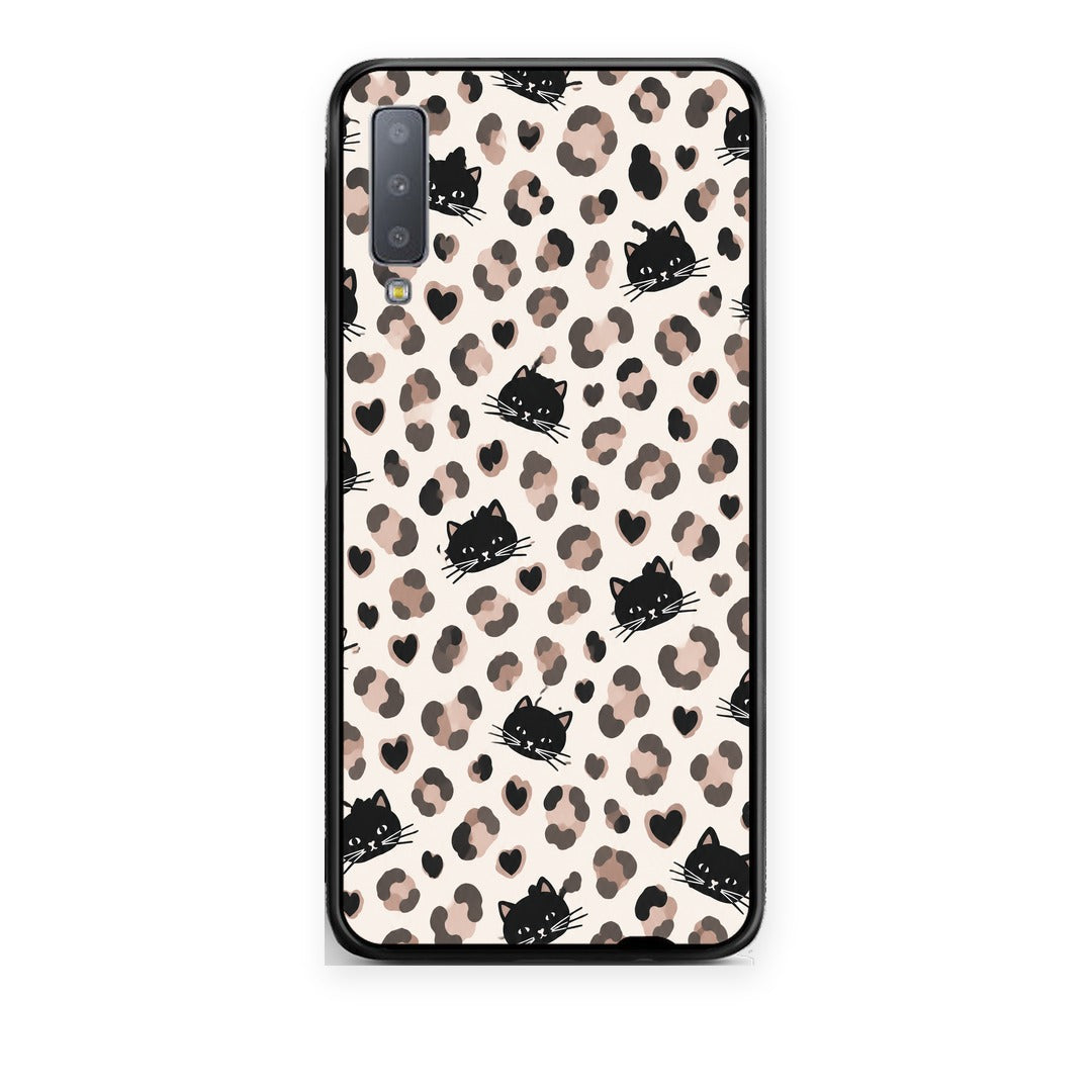 Θήκη Samsung Galaxy A7 2018 Leopard Spots and Black Cats on Cream από τη Smartfits με σχέδιο στο πίσω μέρος και μαύρο περίβλημα | Samsung Galaxy A7 2018 Leopard Spots and Black Cats on Cream case with colorful back and black bezels