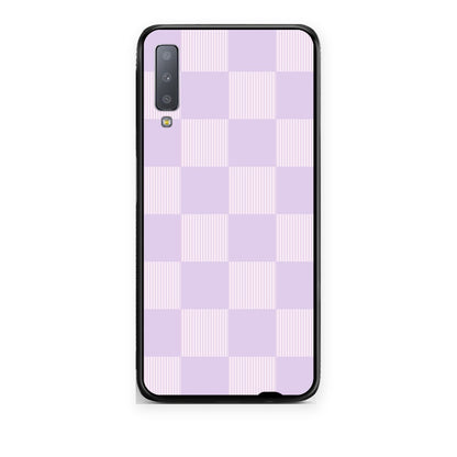 Θήκη Samsung Galaxy A7 2018 Lilac and Cream Striped Checks από τη Smartfits με σχέδιο στο πίσω μέρος και μαύρο περίβλημα | Samsung Galaxy A7 2018 Lilac and Cream Striped Checks case with colorful back and black bezels