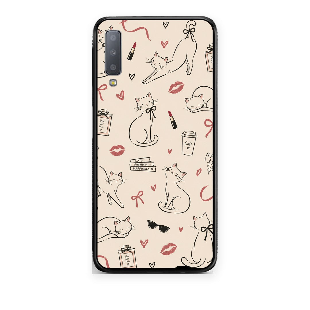Θήκη Samsung Galaxy A7 2018 Minimal Cat and Fashion Doodles on Cream από τη Smartfits με σχέδιο στο πίσω μέρος και μαύρο περίβλημα | Samsung Galaxy A7 2018 Minimal Cat and Fashion Doodles on Cream case with colorful back and black bezels