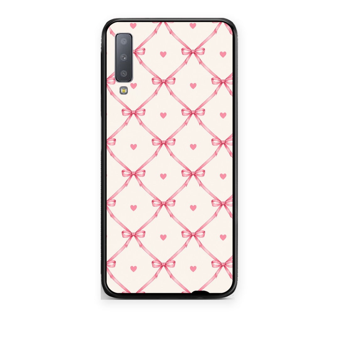 Θήκη Samsung Galaxy A7 2018 Pink Bow Lattice and Hearts on Cream από τη Smartfits με σχέδιο στο πίσω μέρος και μαύρο περίβλημα | Samsung Galaxy A7 2018 Pink Bow Lattice and Hearts on Cream case with colorful back and black bezels