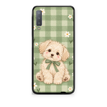 Θήκη Samsung Galaxy A7 2018 Puppy and Daisies on Sage Gingham από τη Smartfits με σχέδιο στο πίσω μέρος και μαύρο περίβλημα | Samsung Galaxy A7 2018 Puppy and Daisies on Sage Gingham case with colorful back and black bezels