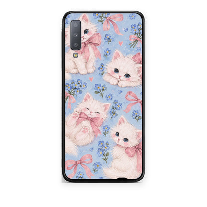 Θήκη Samsung Galaxy A7 2018 White Kittens and Blue Flowers Large από τη Smartfits με σχέδιο στο πίσω μέρος και μαύρο περίβλημα | Samsung Galaxy A7 2018 White Kittens and Blue Flowers Large case with colorful back and black bezels